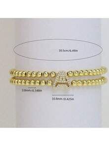 1pc Classic Gold-Plated Zirconia Beaded Balloon A-Z Letter Charm Bracelet, Bubble Initial Charm Bracelet, Stretchy Jewelry For Women & Men - Gold - View 2