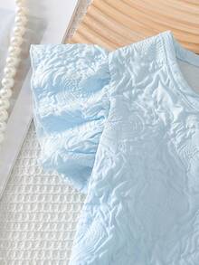 Young Girls' Summer Fashion Short Set, Pleated Textured, Round Neck & Ruffle Sleeve & Back Keyhole Button Design, Casual & Minimalist Girls Outfit - Blue - View 3