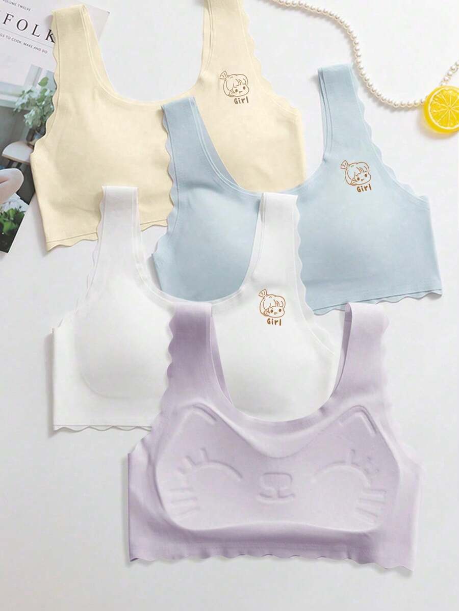 4pcs/Set Girls' Seamless Sports Bras With Pads - Comfortable Breathable Invisible Design, Available In White, Blue And Beige, Suitable For 8-16 Years Old Girls, Suitable For School, Casual And Sports Wear