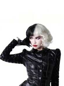 1pc/Ladies' Fashion Black And White Yin-Yang Curly Wig, Medium Length, Very Suitable For All Kinds Of Costume Role-Playing.,Halloween