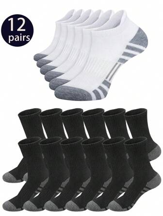 12 Pares de Meias Esportivas Listradas para Homens, Meias Tornozelo/Cano Médio, Moda Respirável Macia e Confortável, Meias Cano Médio Unissex, Adequadas para Todas as Estações