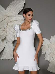 泡泡袖绷带连衣裙女式，手工串珠链性感修身露背高领鸡尾酒会晚礼服 - 白色 - 查看 3