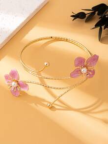 1 件独特的人造珍珠镶嵌花卉袖口，适合女性日常和节日穿着 - 粉色 - 查看 3