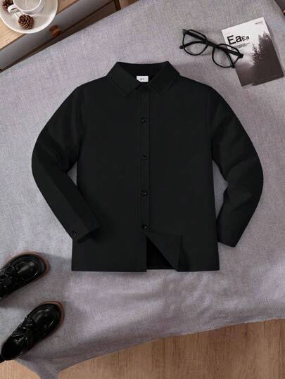 Young Boy Classic College Style Pocket Patch Black Formal Dress Shirt, Long Sleeve For Casual Gatherings Or As A Ring Bearer