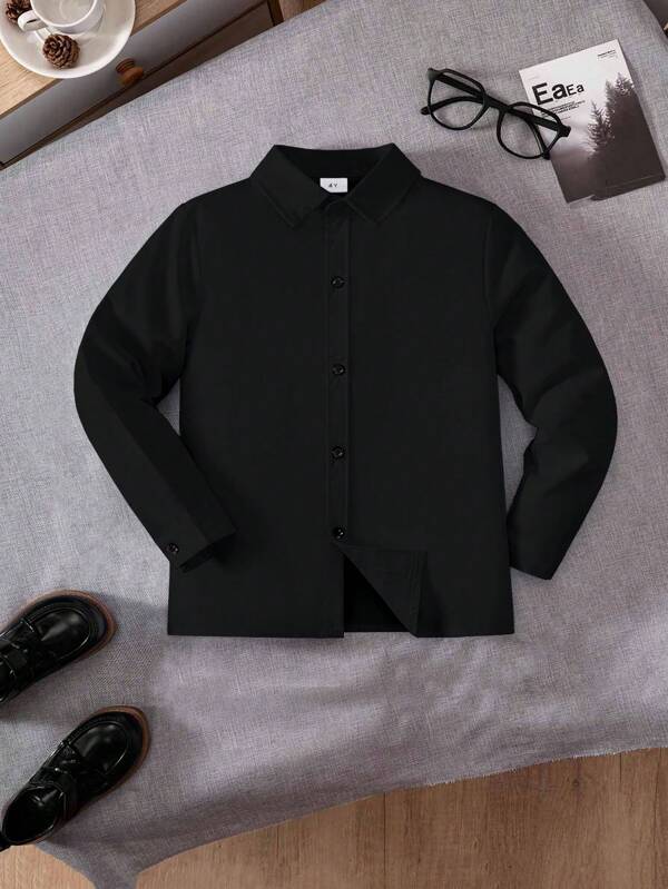 Camisa formal clásica de estilo universitario para niño pequeño con parche de bolsillo negro, manga larga para reuniones casuales o como portador de anillo
