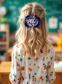 2 件装开学季女孩蝴蝶结发夹，海军蓝罗缎丝带鳄鱼夹，字母印花发夹，甜美女孩小辫蝴蝶结发饰，开学第一天校服头饰，课堂学生青少年发饰 - 彩色 - 查看 4