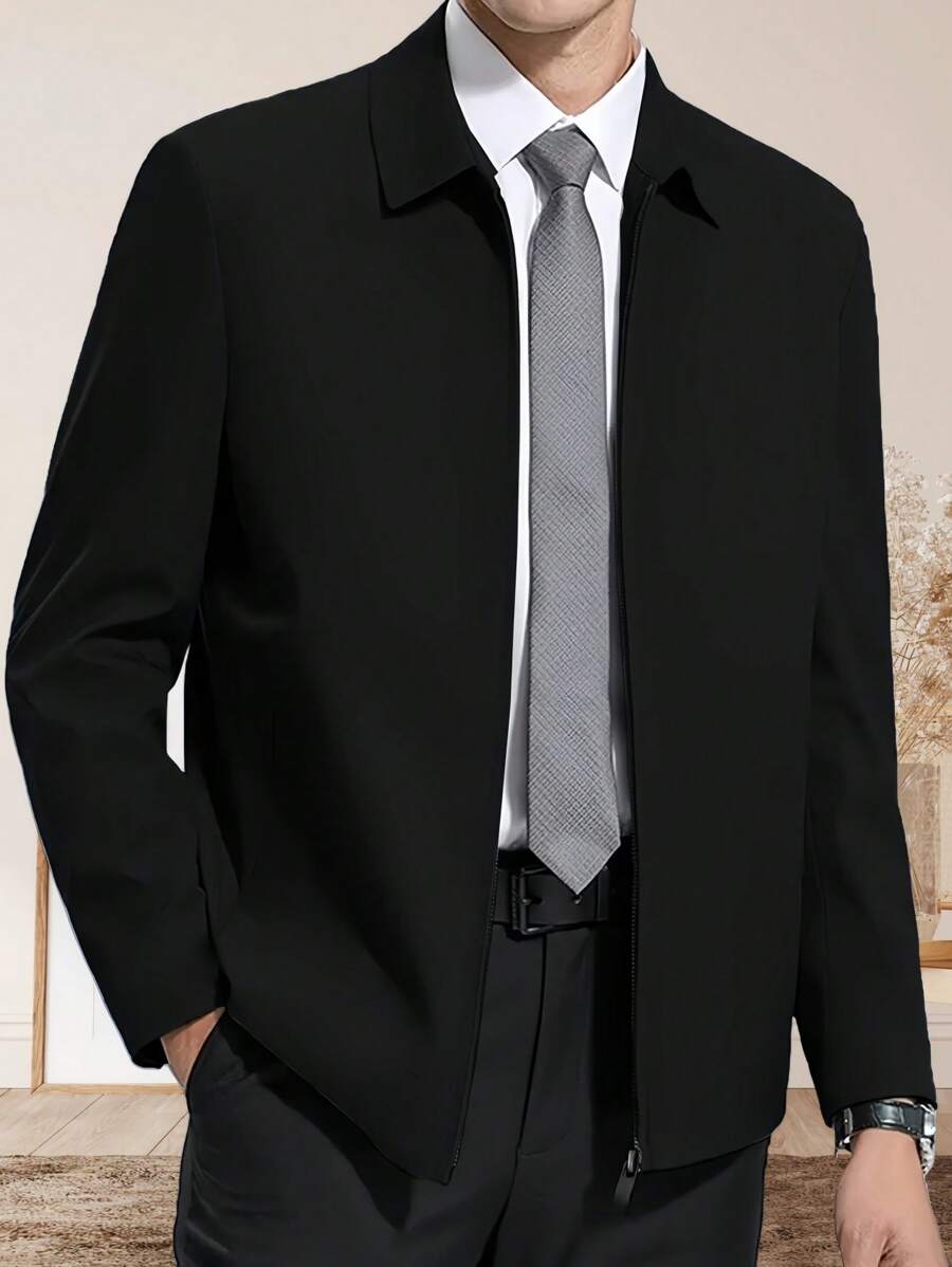 1 件男士休闲翻领夹克，商务绅士休闲夹克上衣，适合春秋季，商务正装风格 - 黑色 - 查看 1