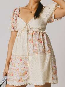 Women's Summer Dress Puff Sleeves Contrast Lace Up Lettuce Trim Shirred A-Line Mini Dress Elegant Dress Tea Party Dress Vacation Dress - 黃色 - 查看 5