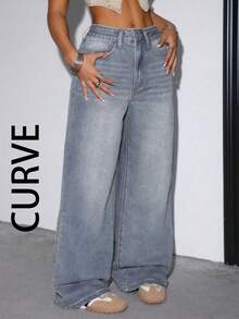 PLUS SIZE Women's Casual Loose-Fit Wide-Leg Denim Pants With Pockets For Daily Wear