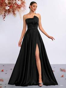 Elisanya Vestido de gala para fiesta con espalda descubierta y cintura fruncida con lazo - Negro - Ver 5
