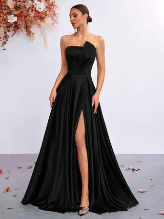 ADYCE 女士优雅抹胸褶皱高腰高开衩露背系带连衣裙，落地摆裙，适合舞会、婚礼宾客、返校节、约会之夜、正式晚宴、生日派对、节日派对、居家派对、新年等场合。