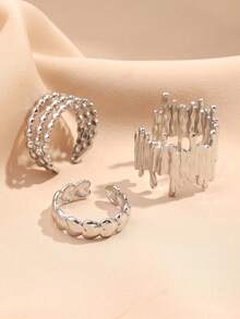3pcs Adjustable Stainless Steel Gold-Tone Fashion Decorative Rings, Suitable For Daily Decoration Or As Gifts - Silver - View 2