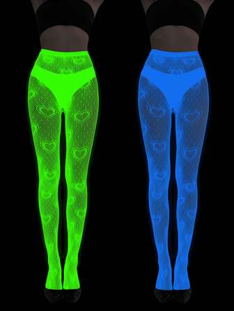 1 par fluorescerande nätstrumpor för kvinnor, spets ihåliga, lysande tatuerings- och jacquardstrumpor i spets, lämpliga för halloween-framträdanden och fester, polyester