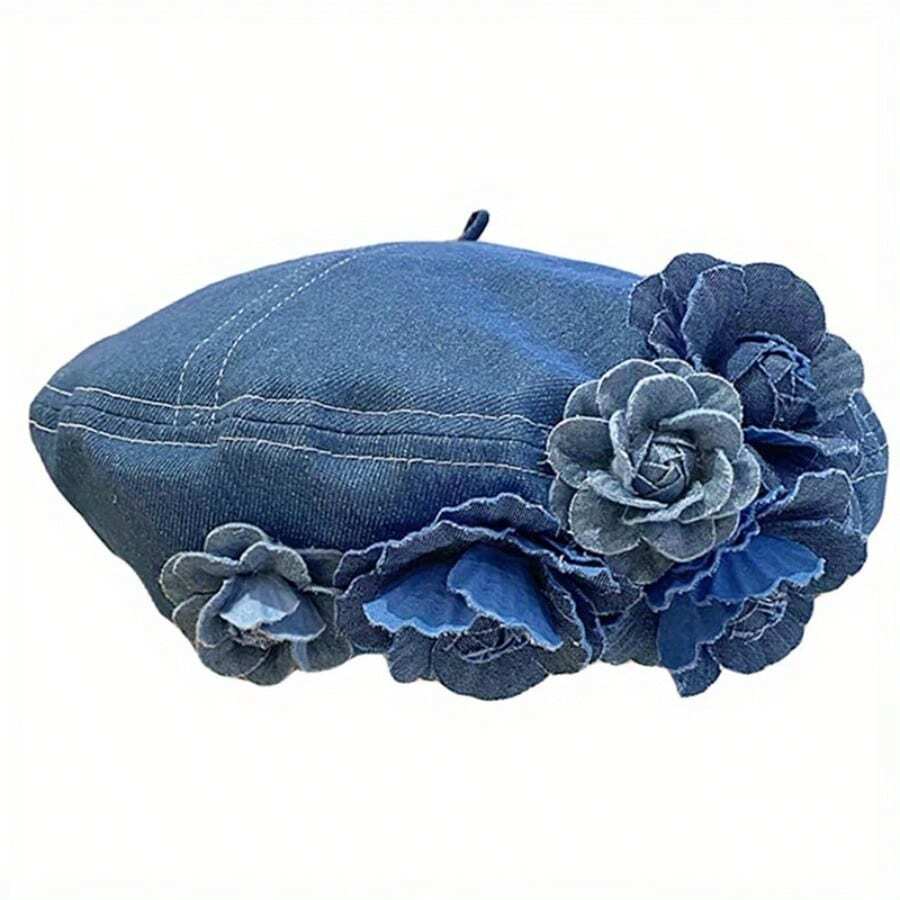 Denim Beret Hat Painter Hat For Women French Hat Artist Hat Casual Sun Hat With Adjustable Strap - 藍色 - 查看 1