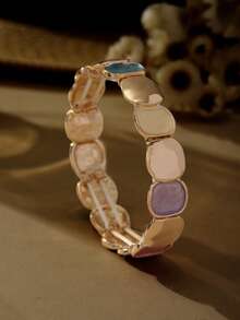 Cring Coco Vòng tay hợp kim kẽm đàn hồi phong cách tối giản cổ điển thanh lịch dành cho nữ - Thiết kế hình bầu dục mạ vàng KC bóng & mờ, đa năng để đeo hàng ngày, sự kiện trang trọng, quà tặng tinh tế - Màu Khaki - Xem 14