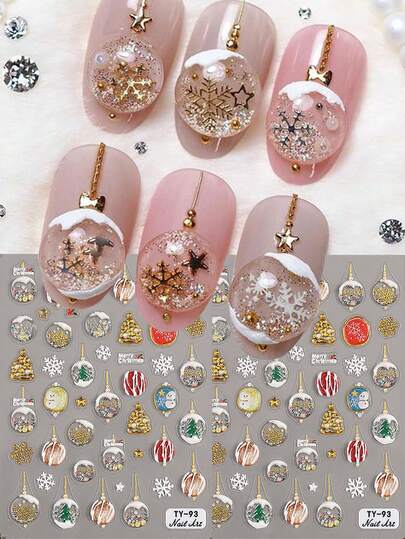 5D Cartoon Christmas Pendant Nail Stickers Crystal Ball Small Bell Snowflake Design Cute Nail Slider Decals DIY Holiday Nails Self-Adhesive Nail Decoration Salon Accessories