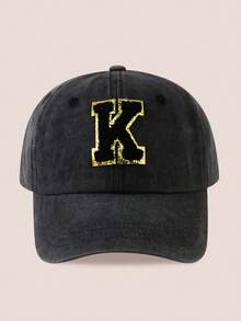 1pc Women/Men 26 Letter Baseball Cap, Washed Brim Sun Hat, Suitable For Outdoor Activities And Daily Wear, UV Protection - Black Gold Label-black Washed Cap - View 24
