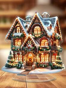 Holiday, Festive Charming Gingerbread House Christmas Table Display - Acrylic, Multi-Purpose Holiday Decoration, With Base, Table Decorations, Table Decorative Ornaments Holiday Ornaments