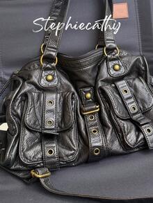 STEPHIECATHY Sac à main vintage pour femme  végétalien PU doux et lavé. Style de rue cool Y2K avec rivets, oeillets et ceinture. Grand sac à bandoulière à longue sangle avec grande capacité, convient pour un ordinateur portable de 13" et plusieurs poches. Idéal pour les déplacements quotidiens, les sorties et le collège. - Multicolore - Voir 6