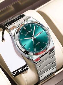 1 件男士石英不锈钢表带手表，带双日历和夜光表盘，商务休闲 - A - 查看 9