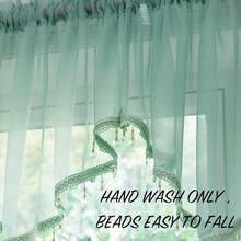 PearAge Beaded Sheer Valance Ctains Living Room,Rod Pocket Farmhouse Window Valance, Bead Trim Tassel Voile Sheer Ctain Valance Bedroom Bathroom Cafe 51x24 Inches (Beige) 1PC - Mineral Blue - View 5