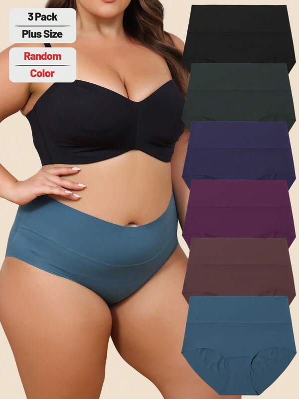 3 Packs Random Color Thin Plus Size Lingerie Women Underwear High Waisted Seamless Brief No Show Womens Bikini Full Coverage Panties