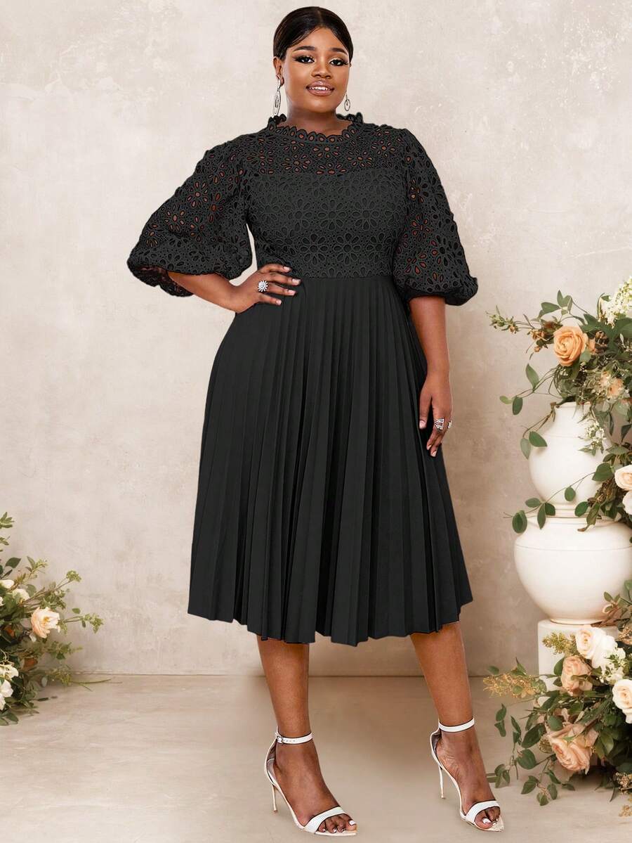 蕾丝褶皱连衣裙半灯笼袖镂空优雅中长款婚礼宾客、毕业典礼服装