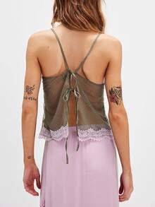 Women Summer Y2k Casual Lace Patchwork V-Neck Tank Top Fashionable Spaghetti Straps Open Back Crop Tops Stylish Sleeveless Tie Up Back T-Shirt Streetwear - Xanh nhạt - Xem 4