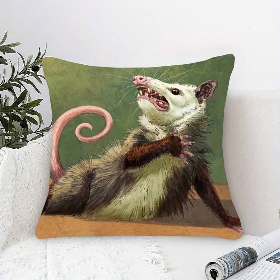 Modern Opossum Print Pillow Cover, 18x18 Inch, Farmhouse Decor With Single-Sided Animal Design, Envelope Closure & Machine Washable For Living Room, Bedroom, Sofa, Bed, Car, Bedroom Accent, Farmhouse Style, Polyester Pillowcase - 樣式 4 - 查看 1