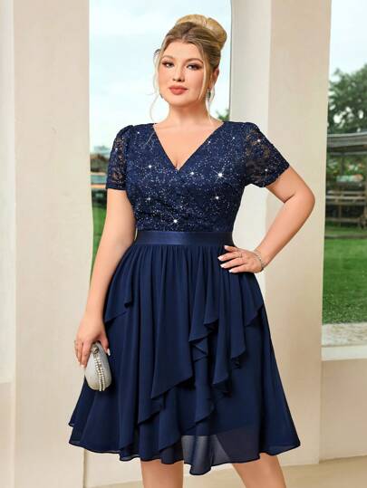 Vestido de fiesta, boda, graduación con cuello en V, encaje floral con lentejuelas, volantes de gasa en contraste y dobladillo escalonado, para fiesta, cena, cumpleaños