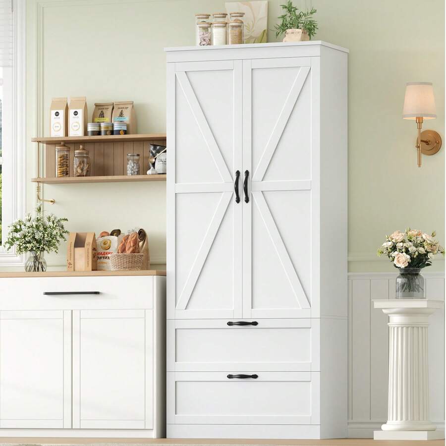 Armário de cozinha, buffet de cozinha com 2 portas e 2 gavetas, armário de buffet, armário de despensa, cozinha com prateleira ajustável, armário alto, armário multiuso, branco - Branco - Ver 1
