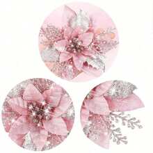 5/20/10pcs Christmas Tree Ornaments, Pink Artificial Flowers, Suitable For Christmas Tree Decorations, Holiday Party Decorations, Home Celebrations, Back To School Valentine's Day, Christmas Decorations, Home Decorations, Table Decorations, Bedroom Decorations, Hair Decorations, Photography Tools
