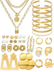 10-68 piezas Elegante Set de joyas vintage con mariposa, corazón, perla falsa, nudo retorcido, estrella, luna, rhinestone, banda ancha, cadena de serpiente, trenza, pendientes en forma de C geométrica, collares, anillos, pulseras, adecuado para vacaciones, fiestas, uso diario, regalos festivos - Multicolor - Ver 3