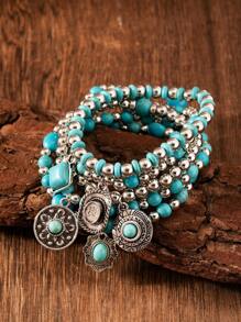 5 Stück/Set Vintage Türkis Perlen Elastikband Armband Set im Western Cowboy Stil, geeignet für den täglichen Gebrauch, unisex (handgemachte Perlenfarbe, -position und -menge sind zufällig)