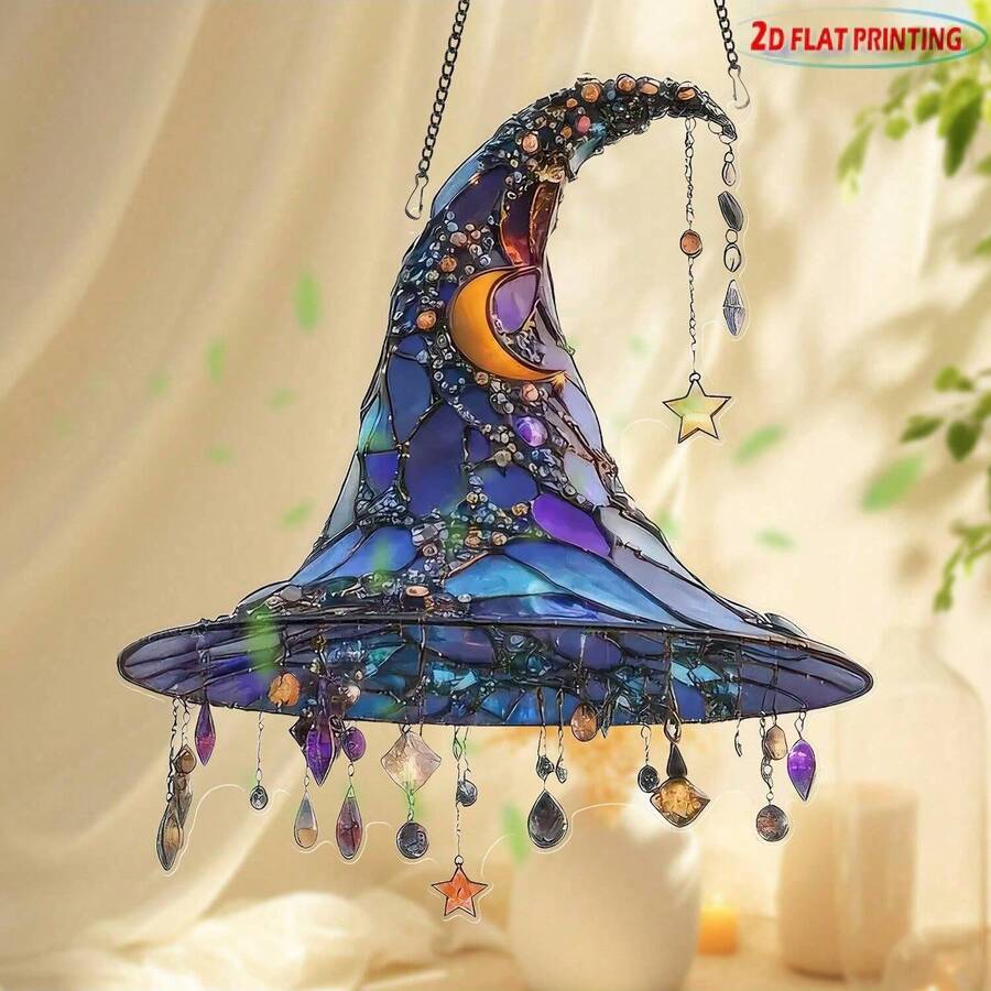 1pc 2D Flat Acrylic Stained Glass Window Style Moon And Star Acrylic Witch Hat Hanging On The Wall - Perfect For Home, Garden, Porch, And Bedroom Party Decoration, Bohemian Grid Style Home Decoration, 2D Flat
