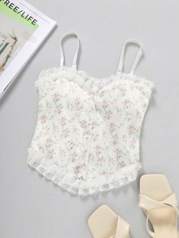 Ditsy Floral Frill Trim Shirred Cami Top