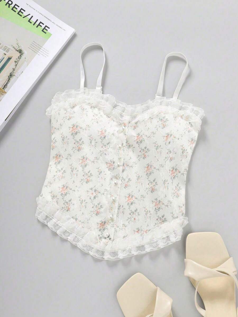 Ditsy Floral Frill Trim Shirred Cami Top