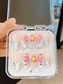 10 件/套手工短款按压指甲，夏季假指甲美甲用品海滩美甲长指甲适合女孩，时尚 3D 树脂杏仁指甲可重复使用适合教师、学生、办公室、旅行、优雅商务休闲