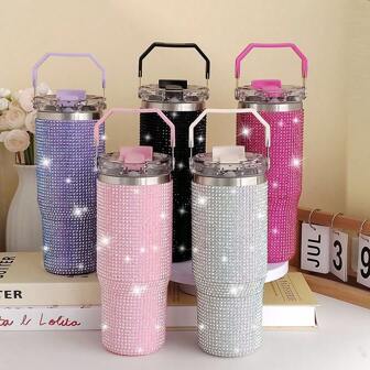 1 件 30 盎司不锈钢双杯带吸管盖，水钻装饰，真空隔热冷热饮料杯，适用于汽车、家居、旅行、节日礼物