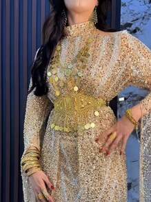 Herseygold 1pc Kurdi Turkish Style Bridal Gold Plated Coin Totem Tassel Waist Belt, Middle East Arabian Decoration Accessory For Women Long Dress, Festival Gift