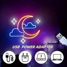 LED 霓虹灯 - 带星星和云彩的新月设计 - 塑料触摸控制壁挂霓虹灯，适用于卧室装饰 - 檸檬黃+冰藍+白色 - 查看 4