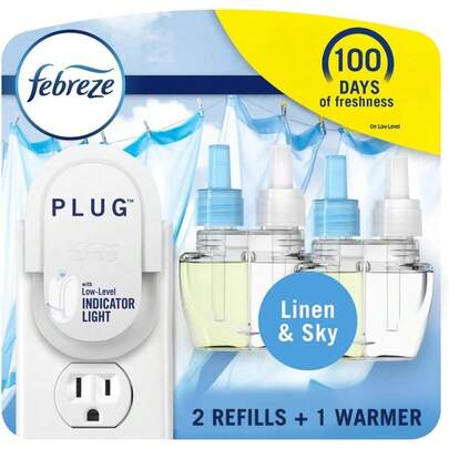 FjcFebreze Plug In Air Fresheners Linen Sky Scent Odor Eliminator For Strong Odors 1 Warmer + 2 Oil Refillsyq