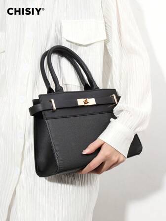 CHISIY 时尚搭扣手提包斜挎包，女士小方包，简约百搭通勤包，黑色单肩包，皮革拼布托特包，优雅正式派对包，新款女士手提包，推荐节日礼物