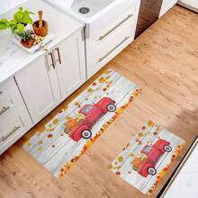1/2 piezas Alfombra de piso de otoño y Acción de Gracias, hojas de arce amarillas clásicas y alfombras de suelo de cocina con estampado de camión rojo rellenas con calabaza, perfectas para uso en interiores/exteriores, familia, cocina, comedor, decoración de atmósfera de Accións
