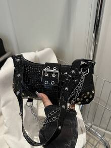 时尚百搭链条装饰单肩包，适合女性通勤日常使用 - 黑色 - 查看 9