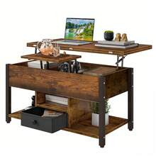 BALCONERA Rustic Brown Multi-Functional Lift-Top Coffee Table – Converts To Dining Table With Drawers & Hidden Storage, 90x47.8x47.5-61.7cm For Living Room - Coffee Brown - View 7