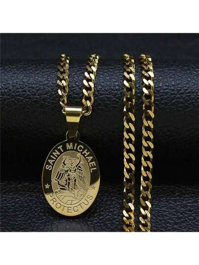 Saint Michel protégez-nous Collier Saint Michel en acier inoxydable pour homme/femme collier pendentif couleur or