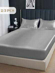2/3pcs Fitted Sheet Set, Bedding Set, Satin Bed Sheets Set, Solid Color Skin-Friendly Bed Cover Set, Gary Bedding Set, Room Decor, Soft And Comfortable, Mattress Protector For Bedroom Decor, 1 Bed Sheet With 1/2 Pillowcases, Deep Pocket, For Single/Twin/Full/King/Queen Bed Sizes, Luxury Bedding, Machine Washable, Cool Touch For Sleeping, Perfect Valentine's Day Gift, Valentine's Day, Valentine's Gift - 灰色 - 查看 11