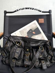 STEPHIECATHY Sac à main vintage pour femme  végétalien PU doux et lavé. Style de rue cool Y2K avec rivets, oeillets et ceinture. Grand sac à bandoulière à longue sangle avec grande capacité, convient pour un ordinateur portable de 13" et plusieurs poches. Idéal pour les déplacements quotidiens, les sorties et le collège. - Multicolore - Voir 3