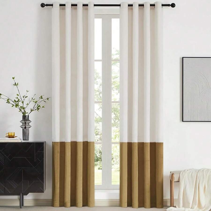 Black Gold Color Block Window Curtains Panels 84 Inches Long Farmhouse Drapes Bedroom Living Room Darkening Treatment With Grommet Set Home Decor - 奶油色和金色 - 查看 1